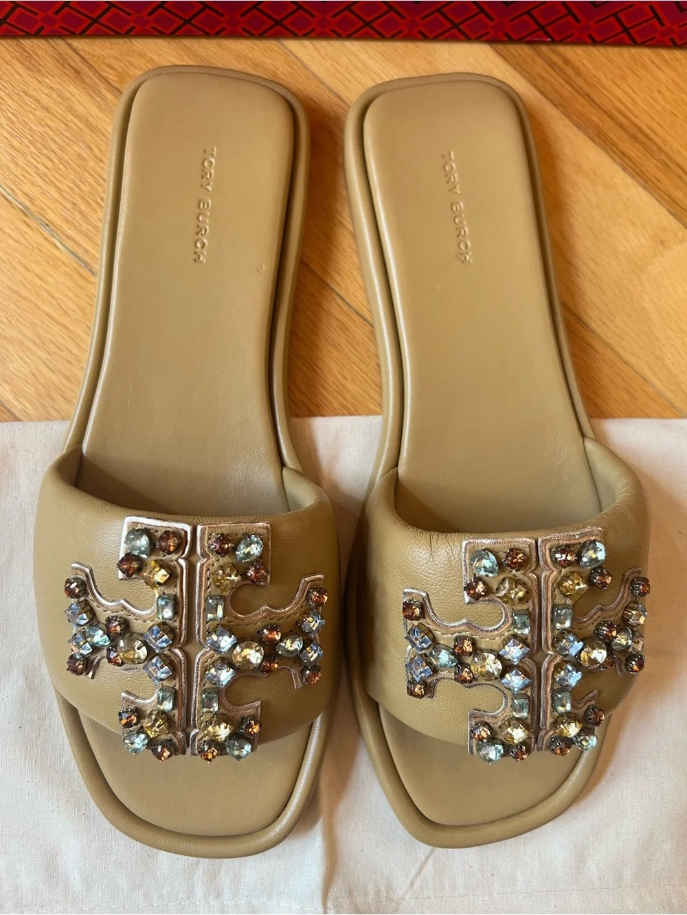 Tory Burch Ginger Shortbread Tan Crystal Double T Leather Sport Slide Sandals